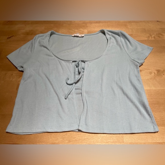 Pink Rose Women’s Short Sleeve Ribbed Light Blue Cardigan Size Large Balletcore - Picture 10 of 11